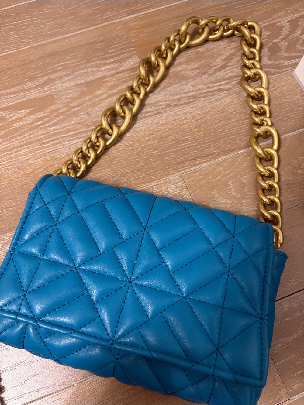 Blue Quilted Chain Shoulder Bag - Gold Chain